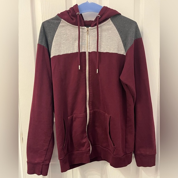 Forever 21 Men Hoodie Sweatshirt -Burgundy/Maroon with Grey Blocks - Picture 3 of 8
